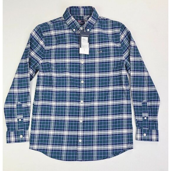 Vineyard Vines Size Medium 12-14 Boys Flannel Button Down Plaid Whale Shirt NWT - Picture 1 of 14